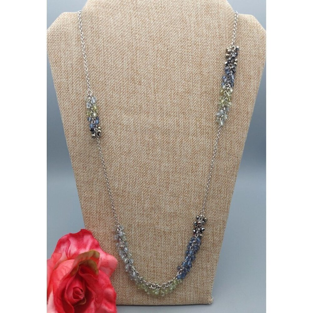 Coldwater Creek Silver Tone Long Station Chain Necklace Blue Ombre Crystal 36"